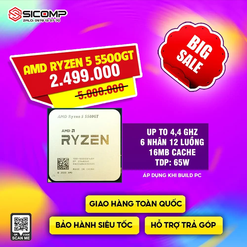 CPU AMD RYZEN 5 5500GT MPK (3.6 GHz UPTO 4.4GHz, 6 CORES 12 THREADS, 65W, AM4)